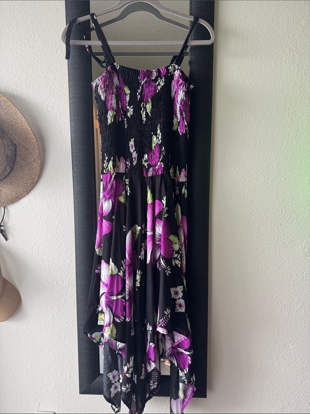 Black Floral Handkerchief Hem Sundress with Purple Blooms